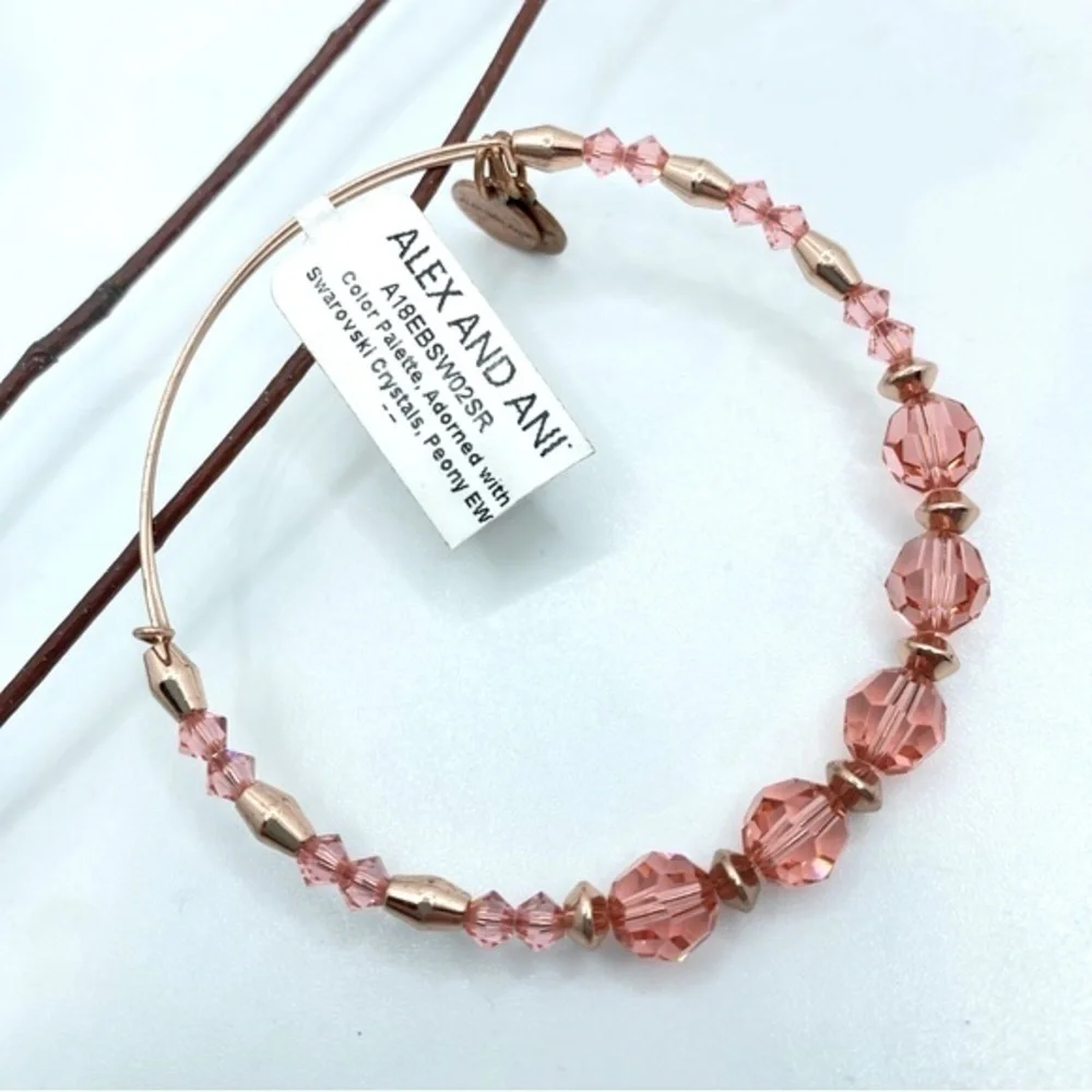 Alex And Ani Peony Swarovski Crystal Shiny Rose Gold Beaded Bangle Bracelet NWT
